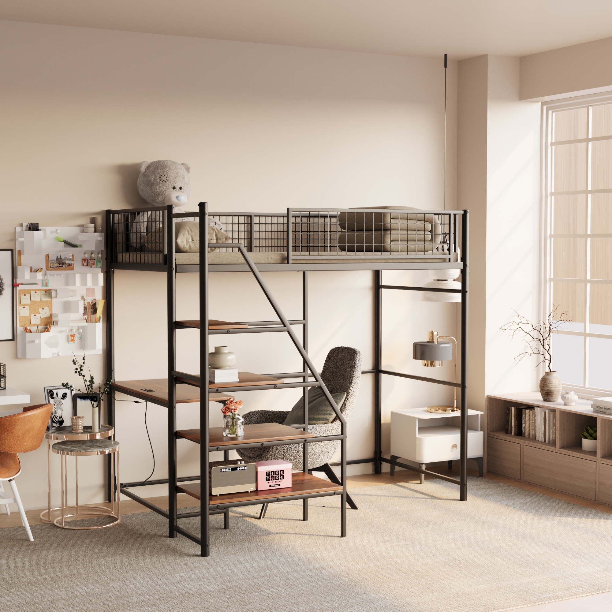 Twin sized loft metal bed with black for bedroom and dormitory, with built-in charging station and LED lighting 