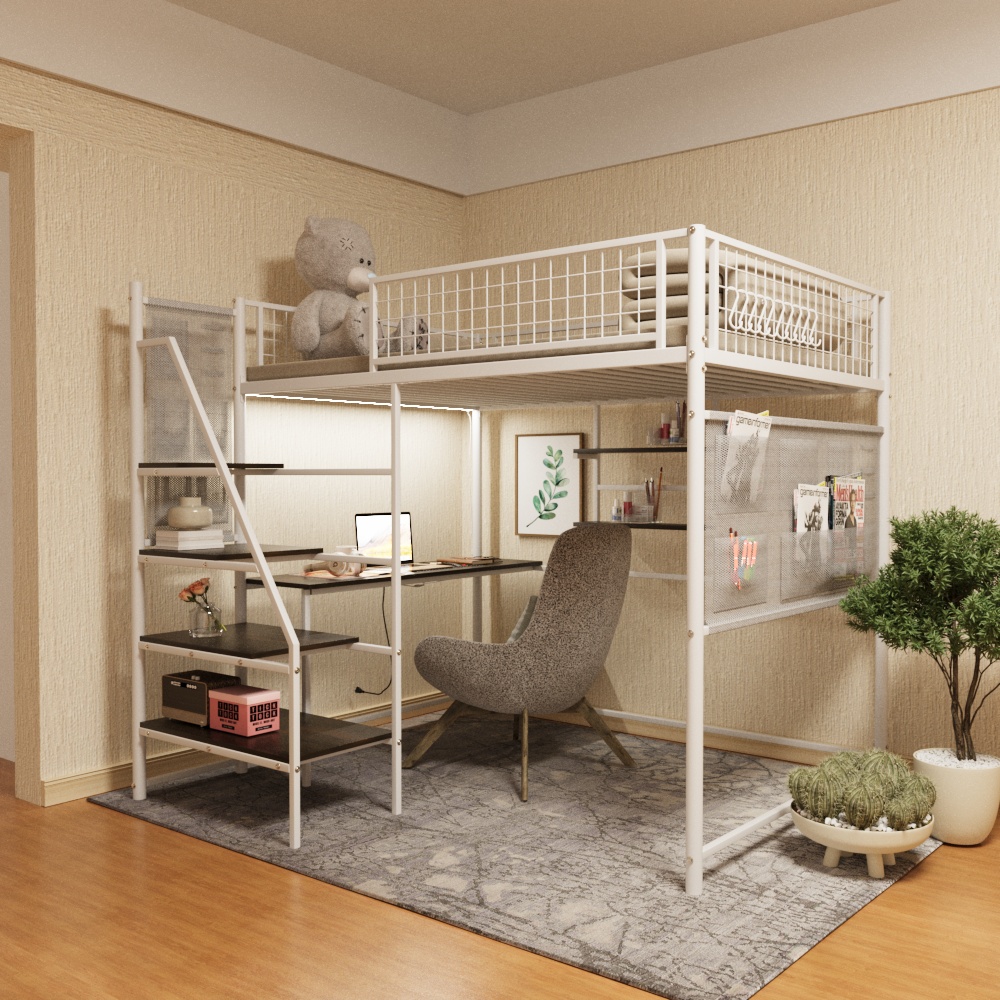 Full size loft metal bed with white for bedroom and dormitory, with built-in charging station and LED lighting