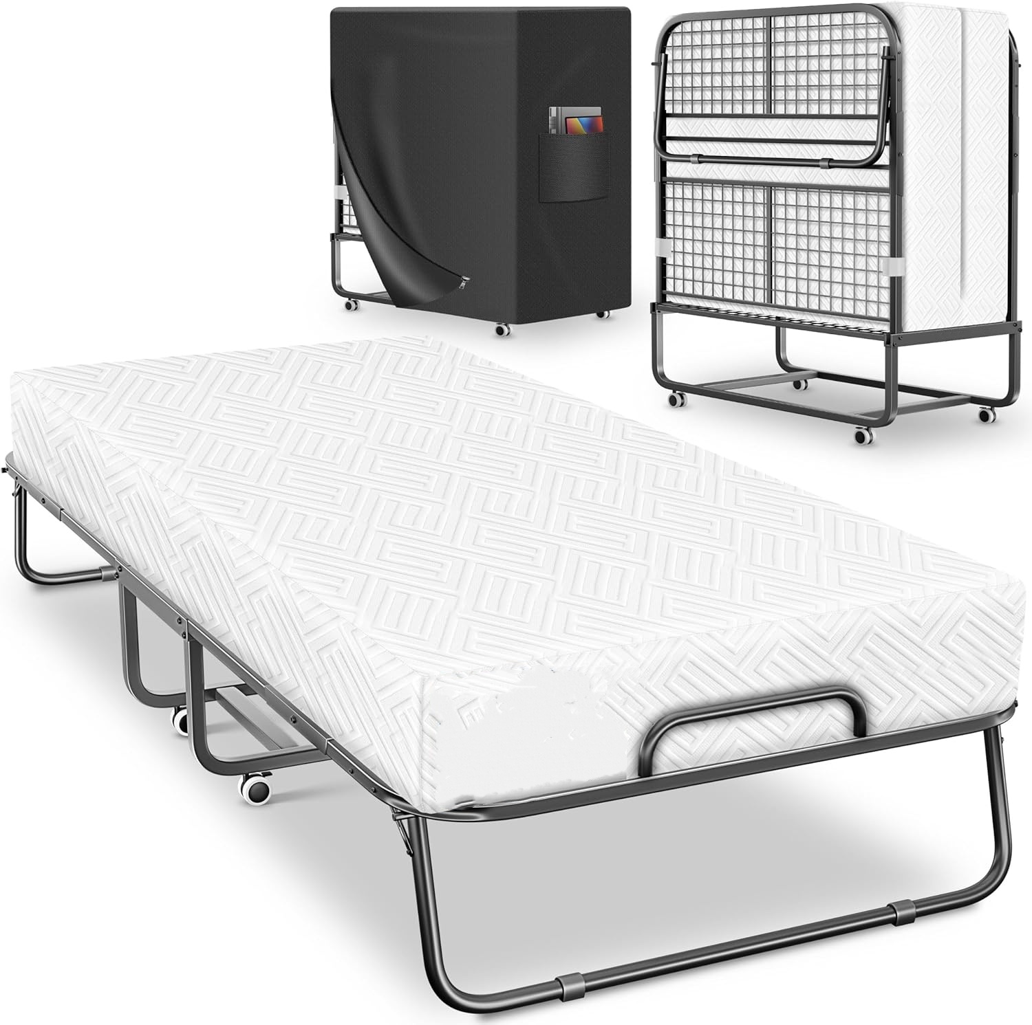 Folding Bed 200 x 90 cm Guest Bed Including Memory Foam Mattress and Wheels Foldable Travel Cot with Metal Frame for Adults Maximum Load 250 kg Metal Bed with Foam Mattress and Cover