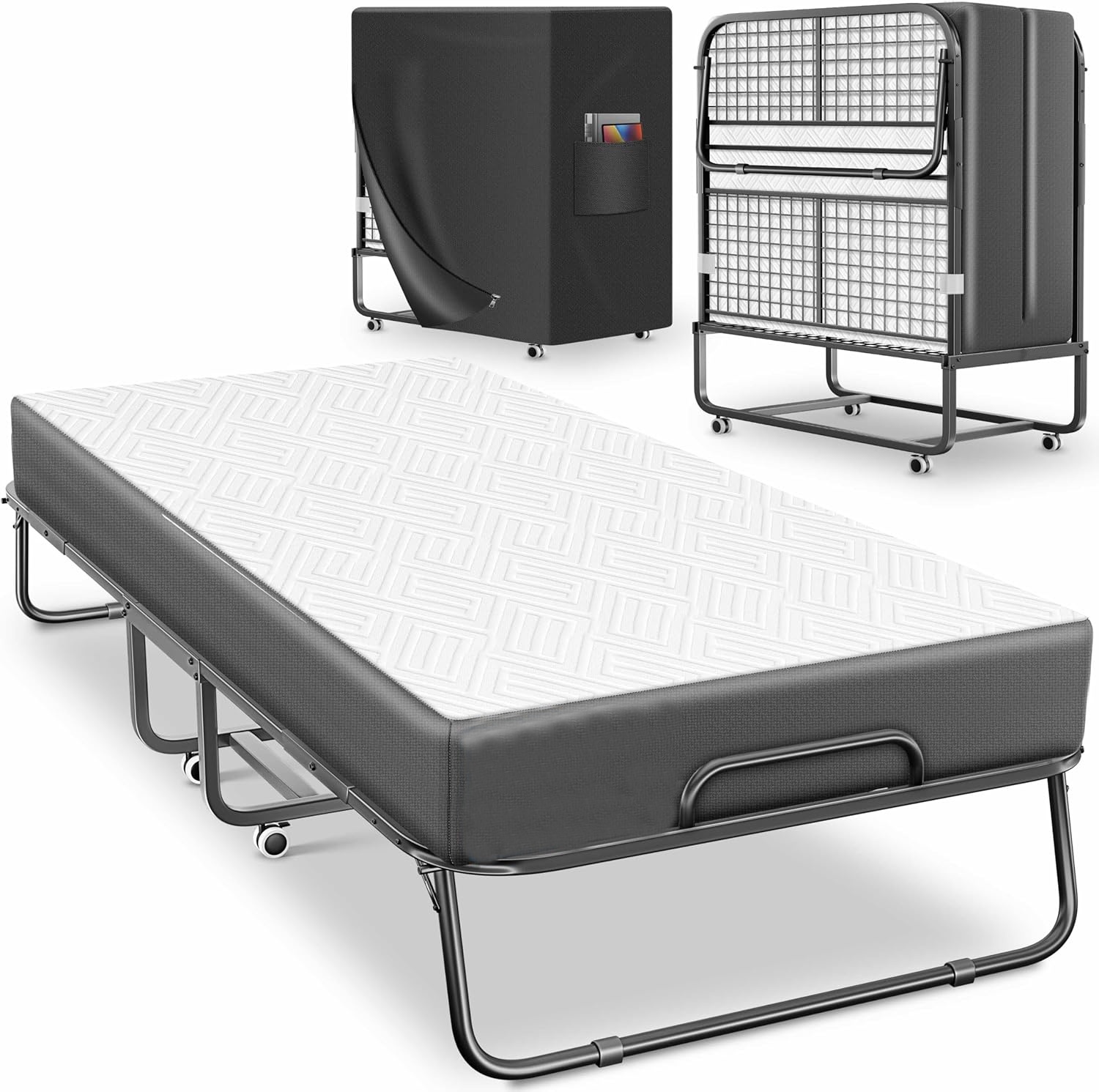 Folding Bed 200 x 90 cm Guest Bed Including Memory Foam Mattress and Wheels Foldable Travel Cot with Metal Frame