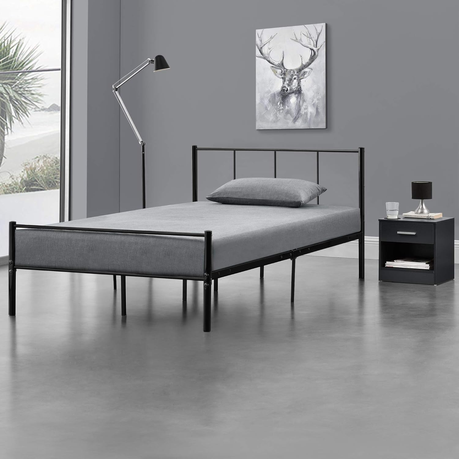 Metal Bed 90 / 120 / 140 x 200 cm Black on Steel Frame with Slatted Frame Bed Frame with Headboard Design