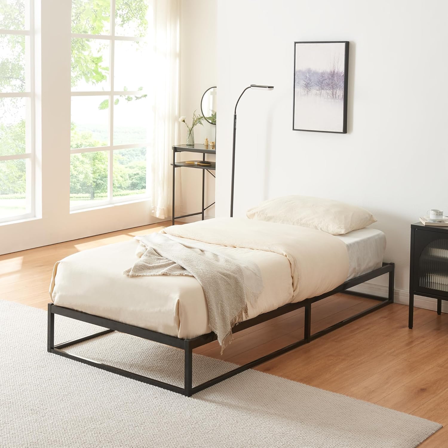 Metal Bed 90 x 200 cm Single Bed Frame Metal Beds Storage Space Under Bed Frame Steel Black