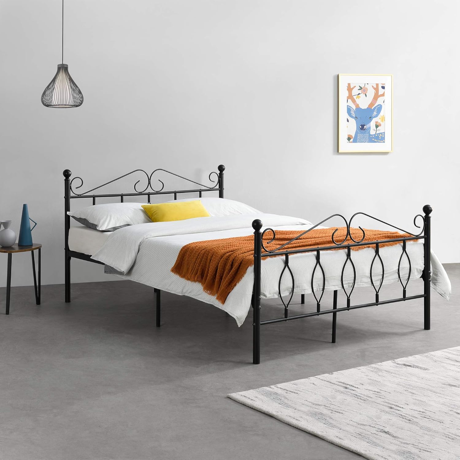Metal Bed 140 x 200 cm Double Bed with Head and Foot Board Bed Frame Guest Bed Metal Frame with Slatted Frame up to 300 kg Black