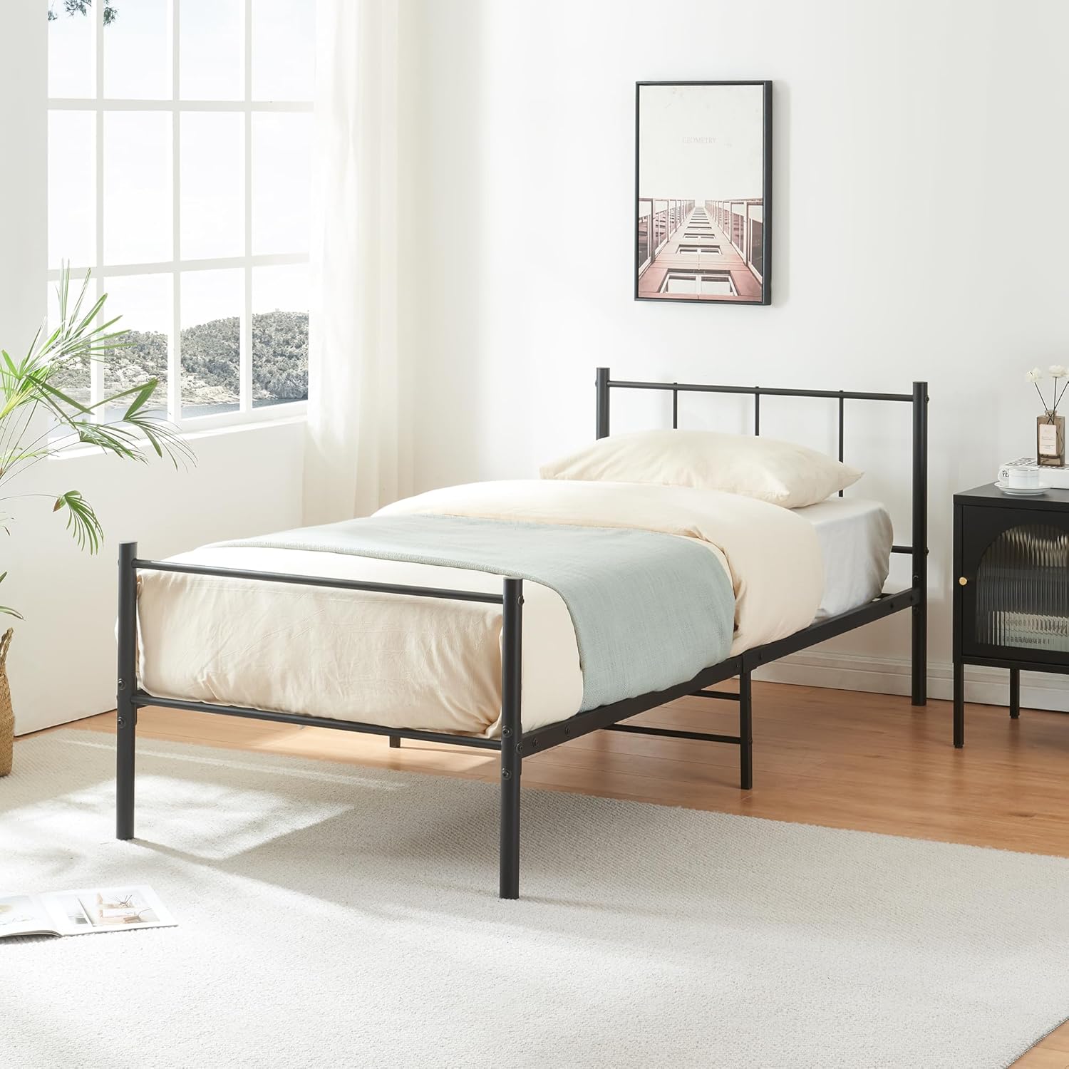 Metal Bed 90 / 120 / 140 x 200 cm Black on Steel Frame with Slatted Frame Bed Frame with Headboard Design