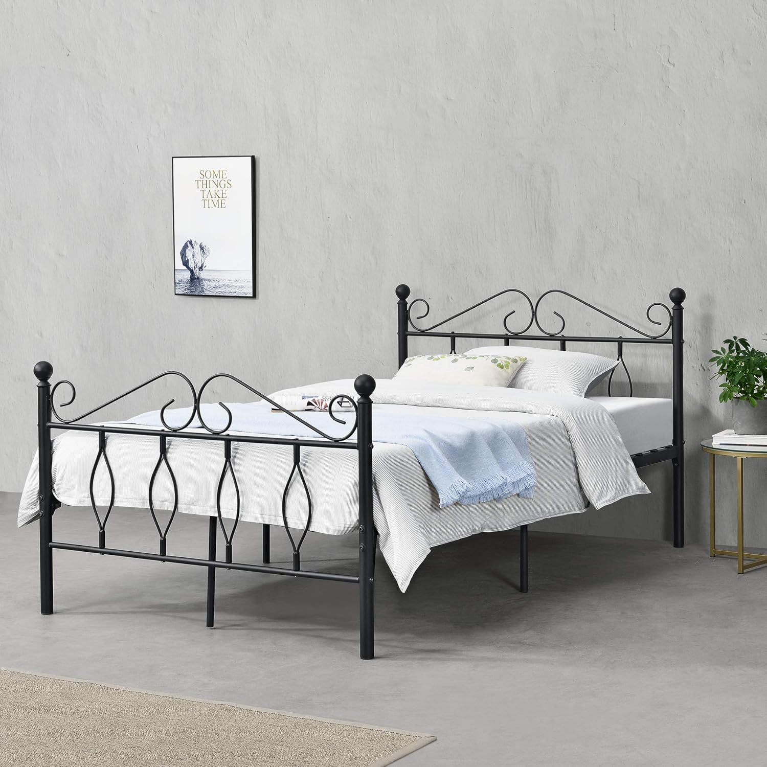 Metal Bed 120 x 200 cm Youth Bed with Head and Footboard Single Bed Frame Metal Frame with Slatted Frame up to 300 kg Black