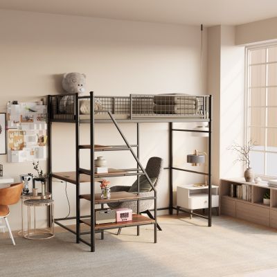 Twin sized loft metal bed with black for bedroom and dormitory, with built-in charging station and LED lighting 