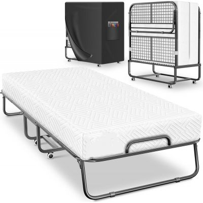 Folding Bed 200 x 90 cm Guest Bed Including Memory Foam Mattress and Wheels Foldable Travel Cot with Metal Frame for Adults Maximum Load 250 kg Metal Bed with Foam Mattress and Cover