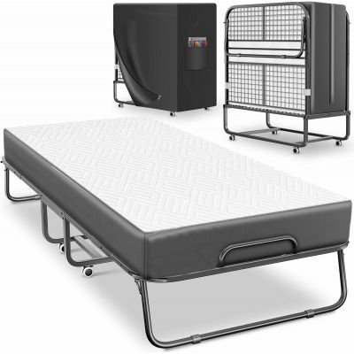 Folding Bed 200 x 90 cm Guest Bed Including Memory Foam Mattress and Wheels Foldable Travel Cot with Metal Frame