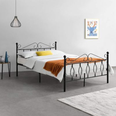 Metal Bed 140 x 200 cm Double Bed with Head and Foot Board Bed Frame Guest Bed Metal Frame with Slatted Frame up to 300 kg Black