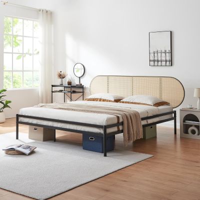 180 x 200 cm Bed Frame and Slatted Frame Metal Bed with Oval Headboard Double Bed Max 300 kg Black with Rattan Look
